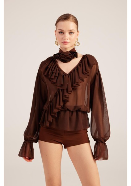 Fırfırlı Güllü Choker Aksesuarlı Şifon Sassy Gömlek Kahve