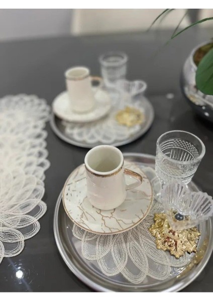 Kahve Renkli Yuvarlak Dekoratif Dantel Sunum Peçetesi, Keten, 6'lı Paket