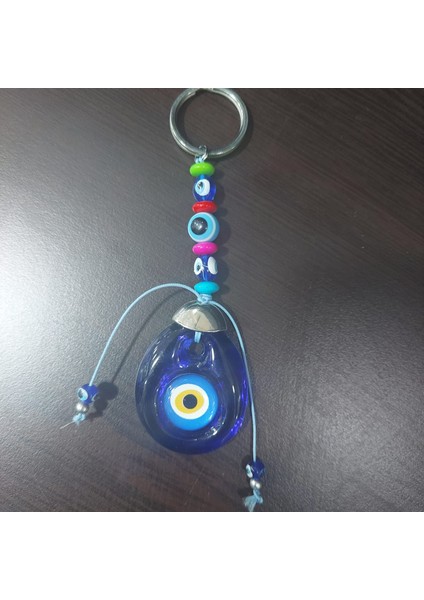 El Yapım Cam Nazar Boncuk Anahtarlık Süs Hediyelik Aksesuar Rengarenk Mavi Klasik Metal 1 Adet