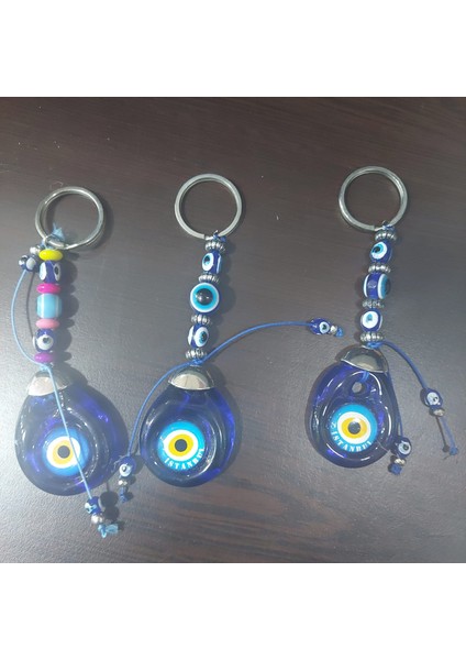 El Yapım Cam Nazar Boncuk Anahtarlık Süs Hediyelik Aksesuar Rengarenk Mavi Klasik Metal 1 Adet