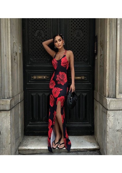 Siyah-Kırmızı Desenli Askılı Abiye Elbise