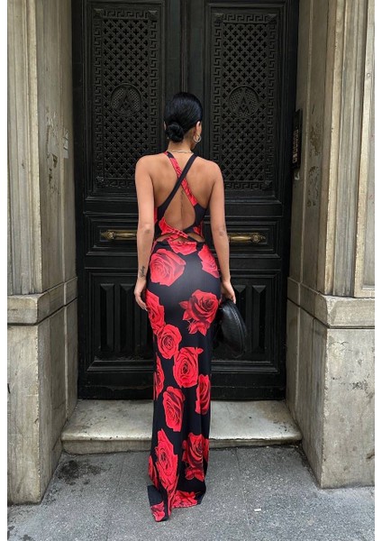 Siyah-Kırmızı Desenli Askılı Abiye Elbise fiyatları