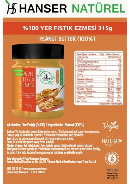 Natürel %100 Yer Fıstığı Ezmesi 315g Şekersiz, Katkısız, Taze Çekim