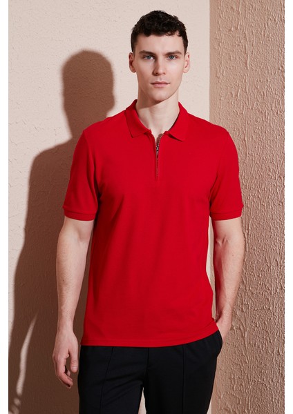 Pamuklu Regular Fit Yarım Fermuarlı Polo Yaka T Shirt Erkek Polo Yak T Shirt 5903008