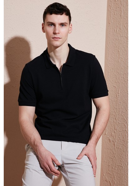 Pamuklu Regular Fit Yarım Fermuarlı Polo Yaka T Shirt Erkek Polo Yak T Shirt 5903008