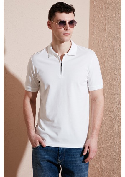 Pamuklu Regular Fit Yarım Fermuarlı Polo Yaka T Shirt Erkek Polo Yak T Shirt 5903008