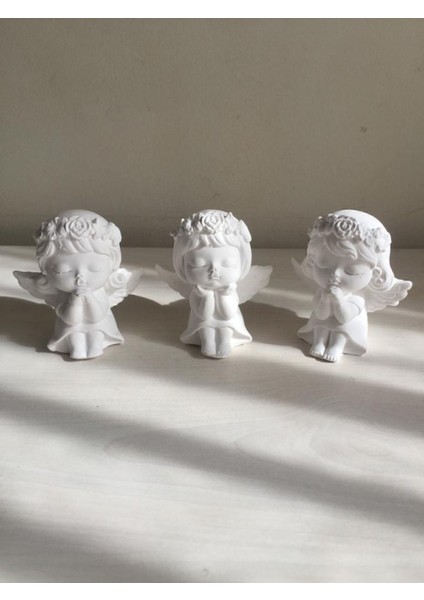 Şirin Üçlü Kanatlı Melekler, Poliresin, 6x6, Beyaz güzel dekoratif obje
