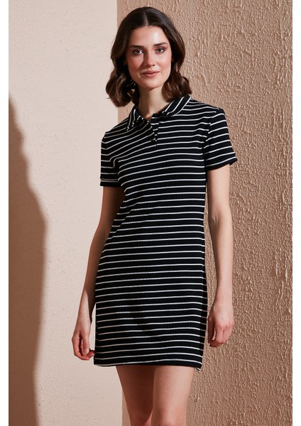 Çizgili Slim Fit Mini Boy Düğmeli Polo Yaka Kısa Kollu Elbise Bayan Elbise 5866151 fiyatları