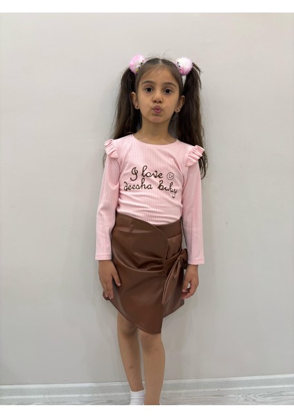 Kız Çocuk Kahverengi Fiyonklu Etek Badi Ikili Takım Kol Detayları Fırfırlı Badili Etekli Kombin