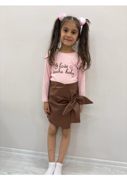 Kız Çocuk Kahverengi Fiyonklu Etek Badi Ikili Takım Kol Detayları Fırfırlı Badili Etekli Kombin fiyatları
