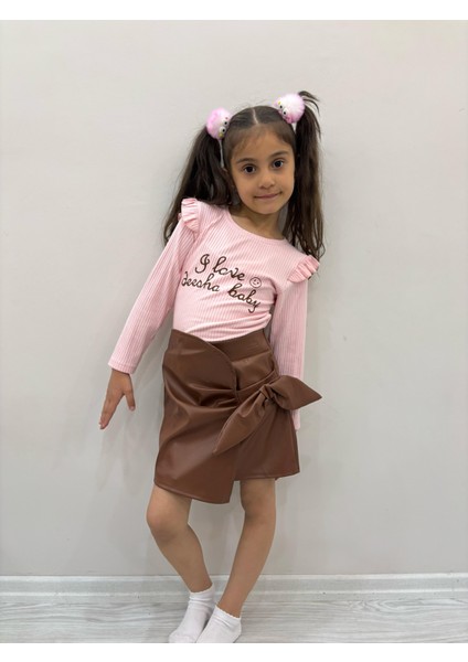 Kız Çocuk Kahverengi Fiyonklu Etek Badi Ikili Takım Kol Detayları Fırfırlı Badili Etekli Kombin modelleri