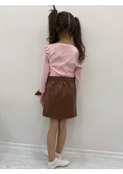Kız Çocuk Kahverengi Fiyonklu Etek Badi Ikili Takım Kol Detayları Fırfırlı Badili Etekli Kombin fırsatları
