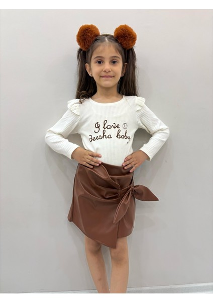 Kız Çocuk Kahverengi Fiyonklu Etek Badi Ikili Takım Kol Detayları Fırfırlı Badili Etekli Kombin