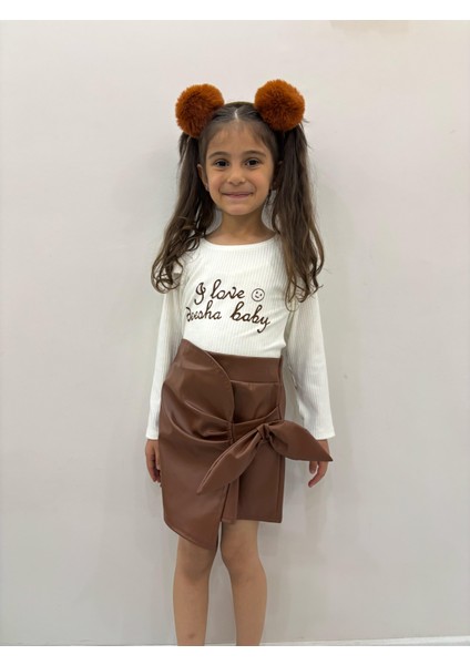 Kız Çocuk Kahverengi Fiyonklu Etek Badi Ikili Takım Kol Detayları Fırfırlı Badili Etekli Kombin modelleri
