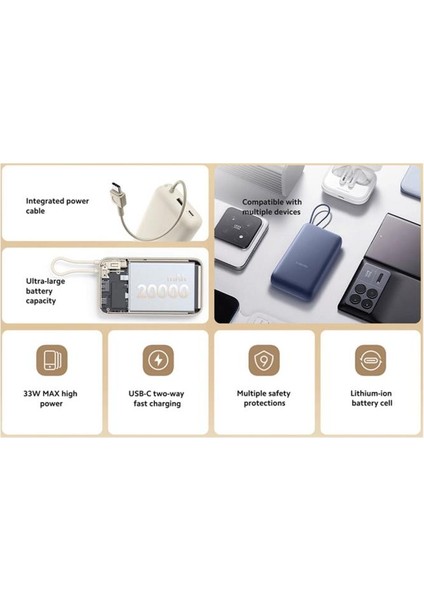 33W 20.000MAH Krem Powerbank USB ve Usb-C Portu ve Usb-C Entegre Kablo BHR8851GL