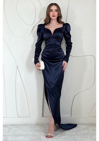 Saten Göğüs Kuplu Yırtmaç Detaylı Elbise