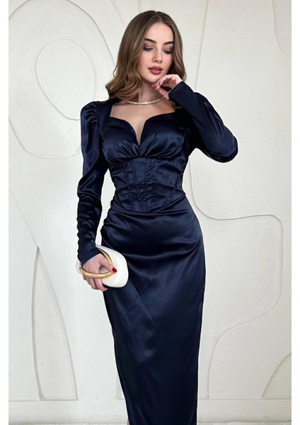 Saten Göğüs Kuplu Yırtmaç Detaylı Elbise fiyatları