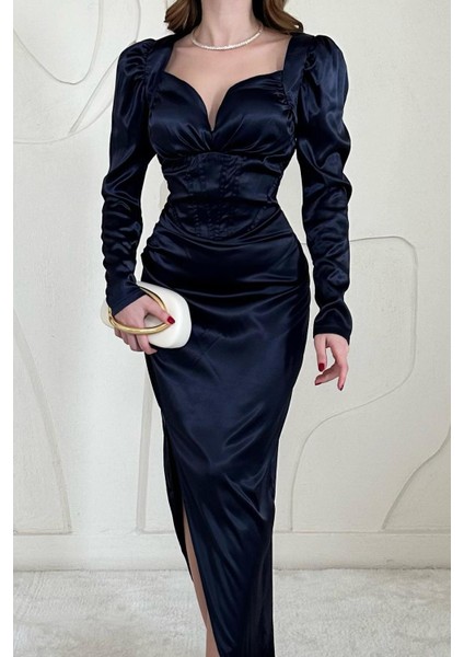 Saten Göğüs Kuplu Yırtmaç Detaylı Elbise modelleri