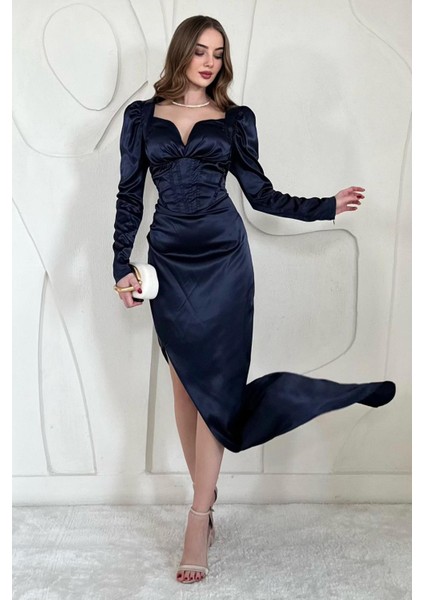 Saten Göğüs Kuplu Yırtmaç Detaylı Elbise fırsatları