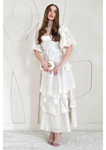 Balon Kol Detaylı Kat Kat Çiçek Elbise