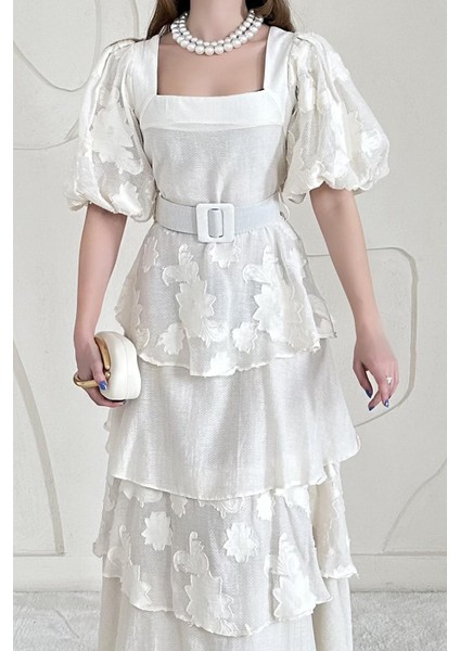 Balon Kol Detaylı Kat Kat Çiçek Elbise fiyatları