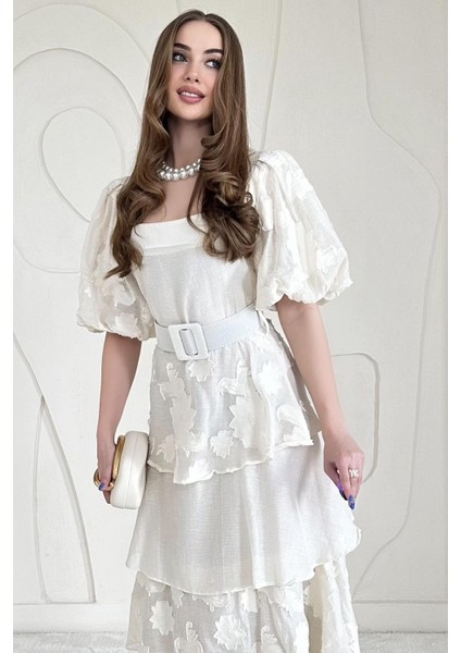 Balon Kol Detaylı Kat Kat Çiçek Elbise fırsatları