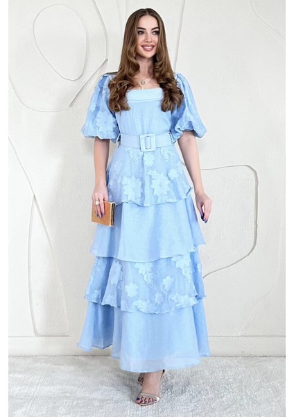 Balon Kol Detaylı Kat Kat Çiçek Elbise