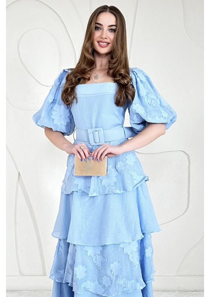 Balon Kol Detaylı Kat Kat Çiçek Elbise fırsatları