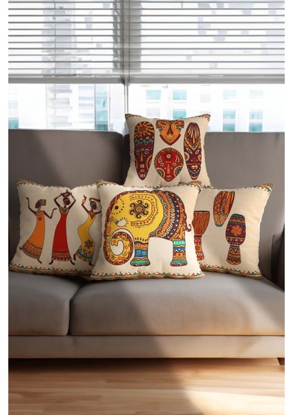 Turuncu Etnik Fil Desenli Kadife 4'lü Kırlent Kılıfı Takımı