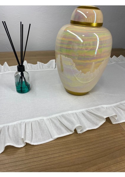 Pamuklu Beyaz Ham Keten Fırfırlı Runner 40 x 110 cm