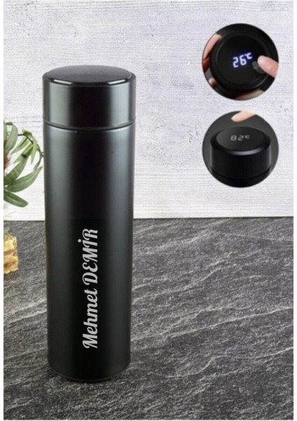 Kişiye Özel Çelik Termos Matara Siyah Dereceli Dijital LED Sıcaklık Göstergeli Termos 500 ml
