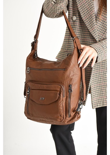 571 Collection Yıkanmış Deri Hem Sırt Hem Omuz Çantası Taba (Model: 571-9-10A)
