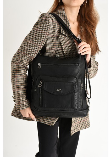 571 Collection Yıkanmış Deri Hem Sırt Hem Omuz Çantası Siyah (Model: 571-9-10A)