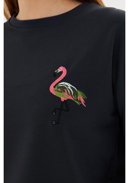 Flamingo Baskılı İki İplik Sweatshirt
