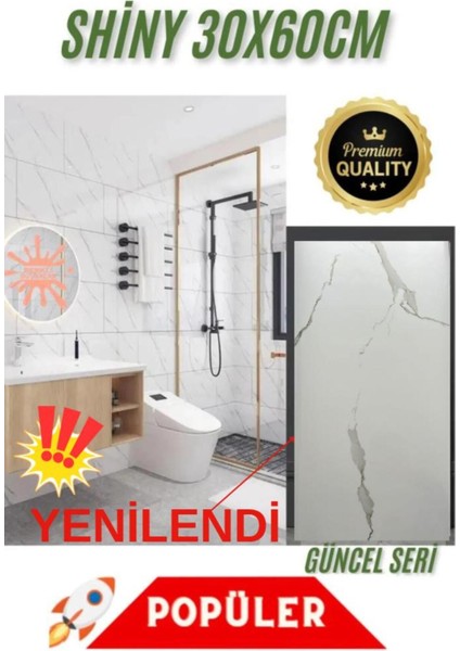 Shiny 60CMX30 cm 1 Adet Parlak Beyaz Mermer Desenli Yapışkanlı Duvar Paneli Kağıdı Banyo Wc Döşeme
