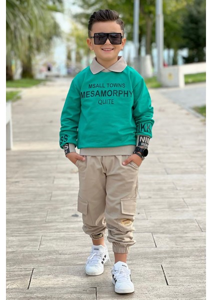 Erkek Çocuk Ikili Takım Spor ve Şık Sweatshirt & Gabardin Kargo Pantolon Kombin Mevsimlik Takım