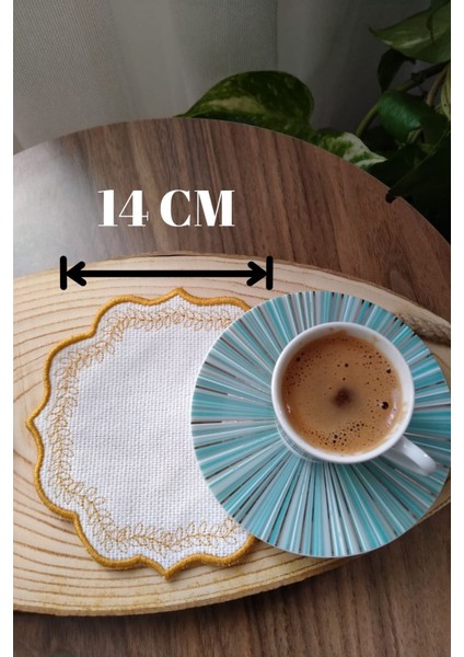 Keten Kumaş Üzeri Nakışlı Kahve Yanı Kokteyl Peçetesi ve Bardak Altlığı (6'lı)
