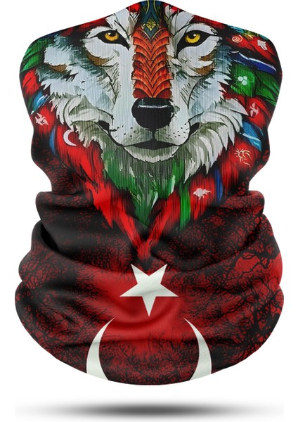 Türk Bayrağı ve Kurt Desenli Dikişsiz Dijital Baskı Baf Buff Bandana Boyunluk