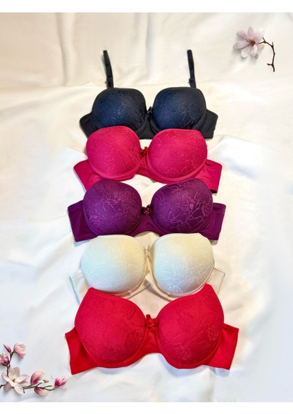 Sütyen Dolgulu Destekli Balenli Telli Toparlayıcı 5'li Set Siyah Beyaz Kırmızı Bordo Mor Dantel Sütyen