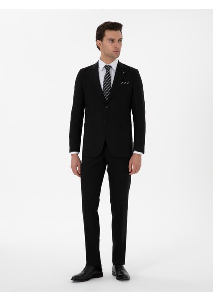 Erkek Siyah Slim Fit Keten Karışımlı Takım Elbise 50306955-VR046