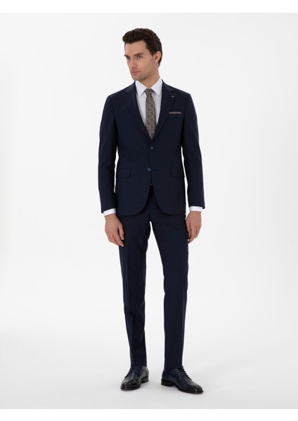 Erkek Lacivert Slim Fit Düz Yün Takım Elbise 50306130-VR033