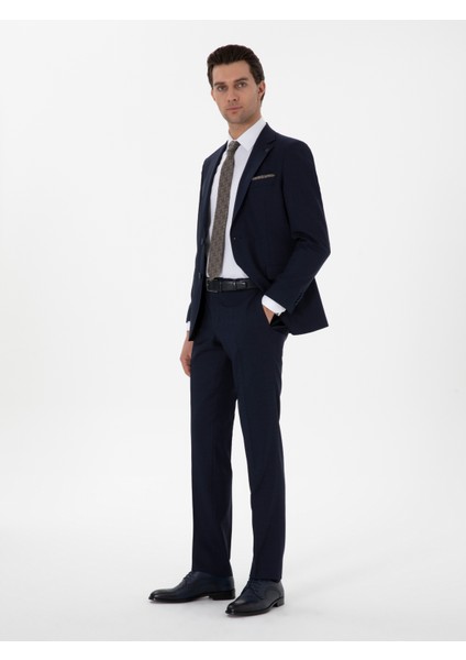 Erkek Lacivert Slim Fit Düz Yün Takım Elbise 50306130-VR033