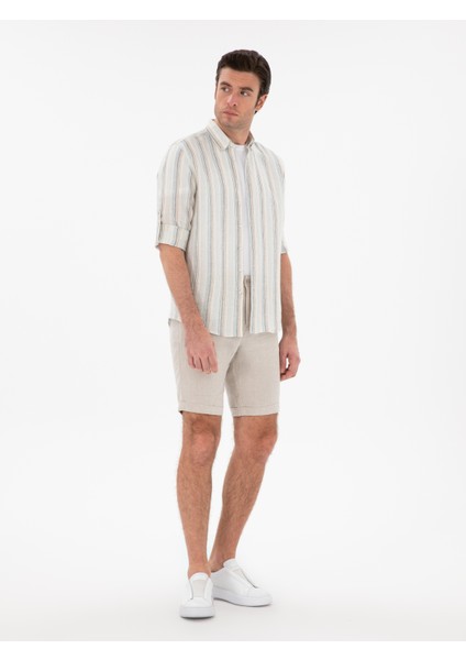 Erkek Bej Regular Fit %100 Keten Bermuda Şort 50305617-VR011