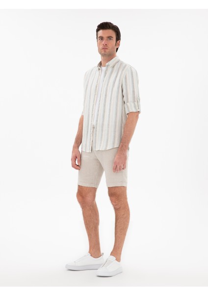 Erkek Bej Regular Fit %100 Keten Bermuda Şort 50305617-VR011