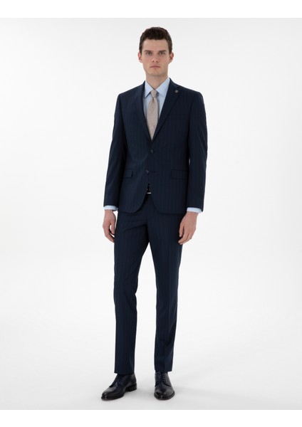 Erkek Lacivert Slim Fit Çizgili Takım Elbise 50302413-VR033