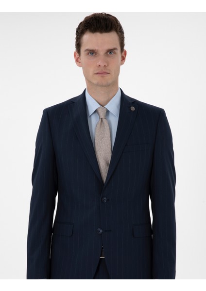 Erkek Lacivert Slim Fit Çizgili Takım Elbise 50302413-VR033 modelleri