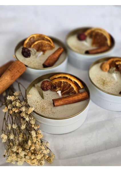 Beyaz çelik kutuda portakal tarçın aromalı kokulu mum