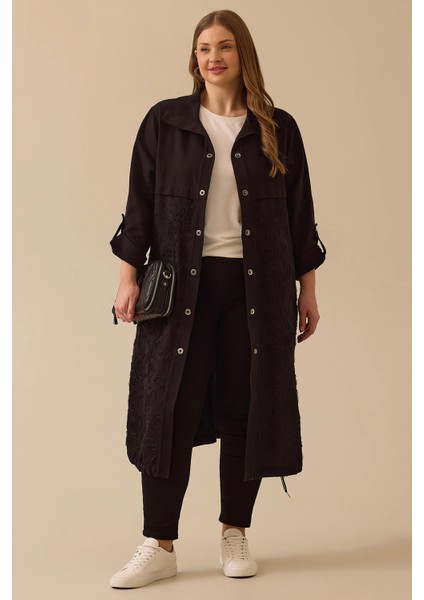 Kadın Büyük Beden Nakış Detaylı Çıtçıt Düğmeli Uzun Kap 4004 Siyah