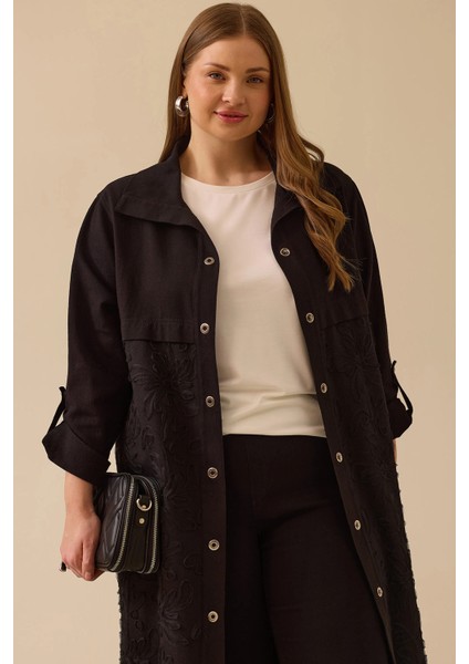 Kadın Büyük Beden Nakış Detaylı Çıtçıt Düğmeli Uzun Kap 4004 Siyah fiyatları