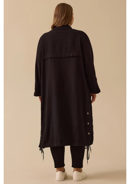 Kadın Büyük Beden Nakış Detaylı Çıtçıt Düğmeli Uzun Kap 4004 Siyah fırsatları